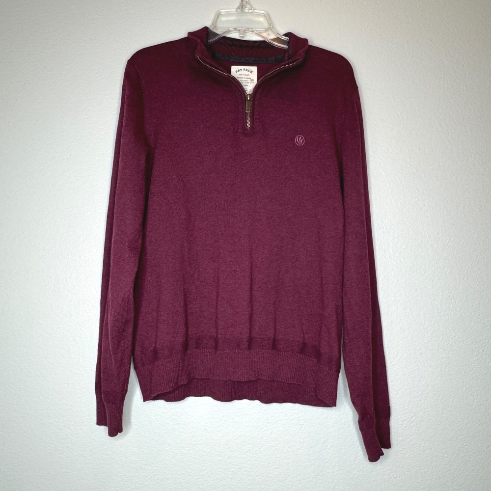 FAT FACE Cotton‎ Wool Blend 1/4 Zip Sweater Mens LG Plum Outdoor Preppy Casual